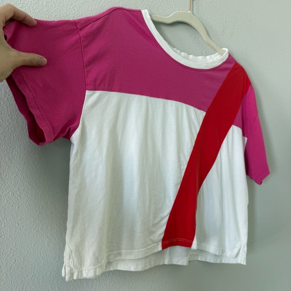 Maeve by Anthropologie Pink Color Block Boxy T-Shirt Small - Picture 2 of 4